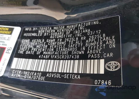 2012 Toyota Camry L from USA, damaged, VIN 4T4BF1FK5CR207438